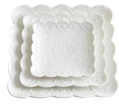 China Sustainable Embossed Square Lace Ceramic Dish-Dishes Set for sale