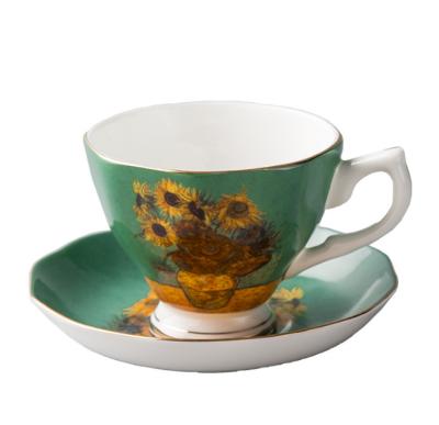 China Sustainable Van Gogh Modern Design Wide Mouth Tea Cup And Saucer Set Fine Bone China Tableware for sale