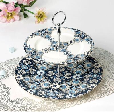 China Sleek Sleek Blue Ceramic 2 Tier Cake Stand/Cupcake Stand/Dessert Stand/Tea Party Pastry Serving Tray/Food Display, Stand, Comes I for sale