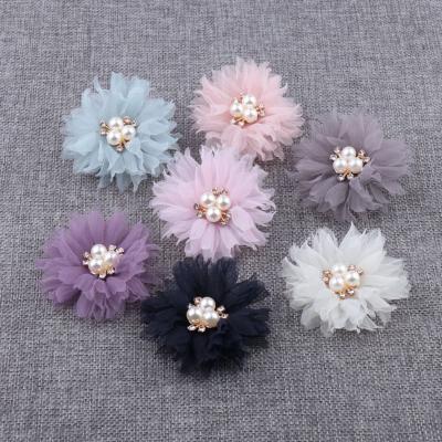 China 3D Pearl Rhinestone Chiffon Flowers Hair Accessories DIY Flower Bouquet Flowers Decorations No Hair Clips For Headband for sale