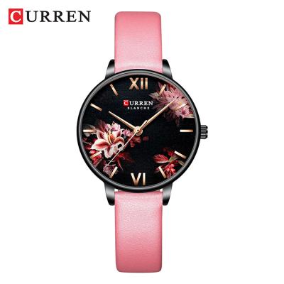 China Full Calendar CURREN 9059 Casual&Simple Leather Strap Ladies Watch Alloy Case Flower Women Wrist Watch for sale