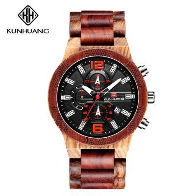 China New Chronograph KUNHUANG 1019 Men's Quartz Wooden Press Buckle Metal Bilaterally With Outdoor Style Wood Watch for sale