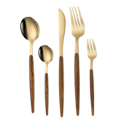 China Durable Elegant Wood Plastic Handle Spoon Stainless Steel Grain Stainless Steel Metal Fork Set Reusable Silverware Cutlery Set Portuguese Flatware for sale