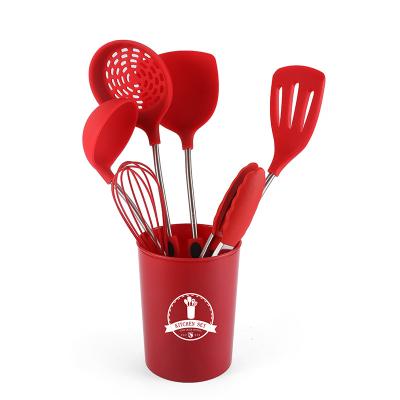 China Sustainable 7 Pieces Red Silicone Kitchen Cookware Set With Stainless Steel Hande for sale