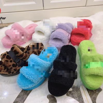 China 2021 Latest Rainbow Wool Designer Fur Sandal Women Sheep Warm CUSHION Fur Slides Sheepskin Winter Slippers With Band for sale