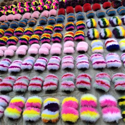 China CUSHIONING Manufacturers Wholesale Customized Super Luxury Lady Slippers Private Rainbow Fox Fur Slippers 100% Real Fur Lady Slippers for sale