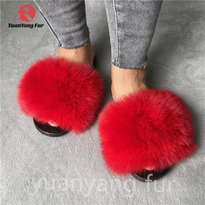 China 2020 NEW fashion real fur CUSHIONING slides colorswomen furry outdoor sandals raccoon fox multiple fur slippers wholesale for sale