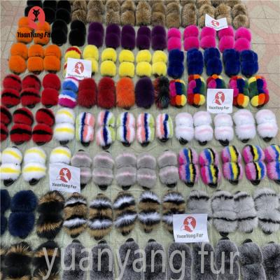 China 2021 NEW fashion real fur CUSHIONING slides raccoon fox hairy women outdoor sandals fur slippers wholesale for sale