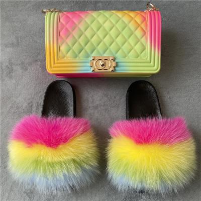 China SHOCK ABSORBING Women's Shoes Slippers Matte Colorful Jelly Bags Shoe Flip Flops Fluffy Slippers Fox Fur Slides Sets for sale