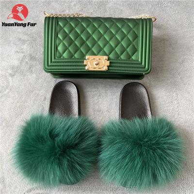 China CUSHIONING Fur Slippers And Purse Sets Stylish High Quality Fur Slides With Purse Set for sale