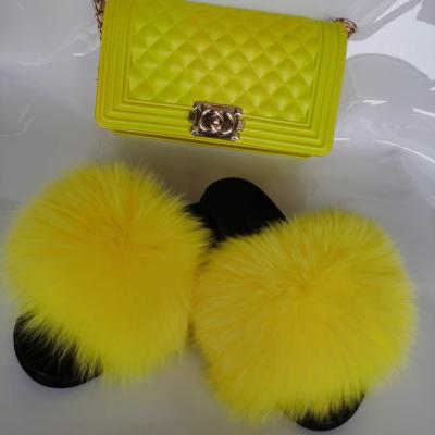 China CUSHIONING Latest Design Fur Slippers And Jelly Bag Fur Slides And Pures Set Fur Slipper With Purse for sale