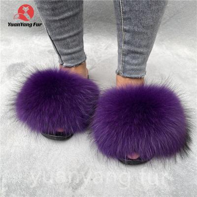 China CUSHIONING real fox fur slides raccoon fur sandals logo 100% custom wholesale fluffy raccoon slides for sale