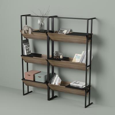 China New Design Modern Metal Bookcase Rustic Wooden Storage Stand Shelves Organizer Bookshelf For Bedroom, Office, Living Room for sale