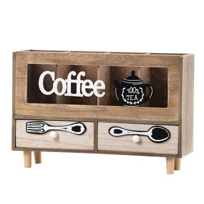 China Wooden Coffee Pod Holder Tea Bag Holder Condiment Standable Coffee Pod Holder Wooden Trolley Storage Box for Countertop Cafe for sale