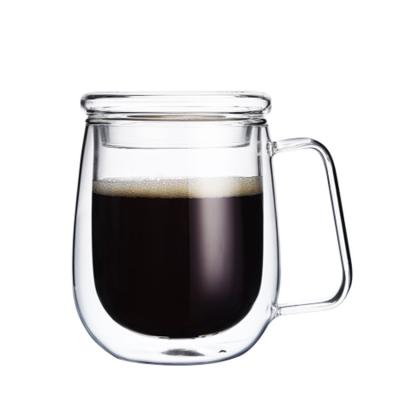 China Double Wall Insulated Glass Coffee Mug 8.5OZ Tea Cups Clear Borosilicate Glass Mug For Latte Cappuccino Tea Drinks With Hand WITH LID for sale