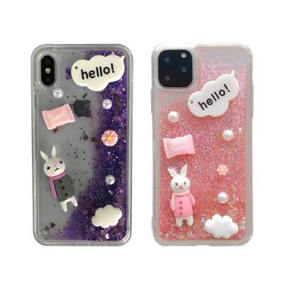 China Sparkle Glitter Case Female Cute Rabbit Style 3D Rubber Candy Bling Soft Cloud Hello Bling Transparent Liquid Quicksand TPU Case For iPhone 11/Xs for sale