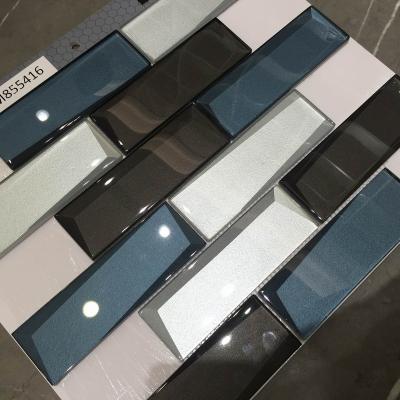 China 48x148mm Foshan Edge Mosaic Wall Glass Flooring Sliver Beveled Blue Mirror Mosaic Wall Tile for sale