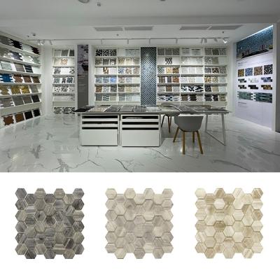 China Modern Iridescent Hexagon Marble Slab Mix Stone Parquet Decoration Wood Mosaic Glass Slabs Glass Mosaic for sale