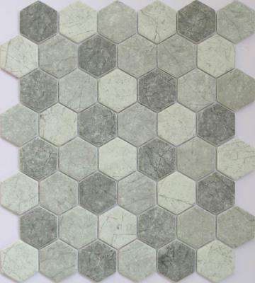 China Modern Decorative Gray Natural Stone Lines Pattern Hexagon Tiles Recycle Glass Mosaic for sale