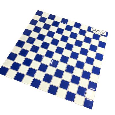 China Parquet Foshan 25x25mm Kitchen Slabs Wall Sticker Swimming Pool Blue Glass Mosaic Slabs for sale