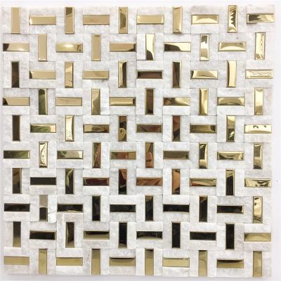 China Parquet produce mixed white water jet marble with stainless mosaic slab for sale