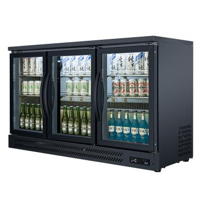 China AuchMc AM-M110 Single-Temperature Mini Beverage Refrigerator Hotel Bar Upright 3 Glass Door Led Light Freezers for sale