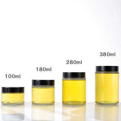 China 100ml 180ml 280ml 380ml Personal Packaging Empty Transparent Glass Jar Skin Care Cover Skin Care Cover Face Cream Jar Cosmetic Black Honey Jar for sale