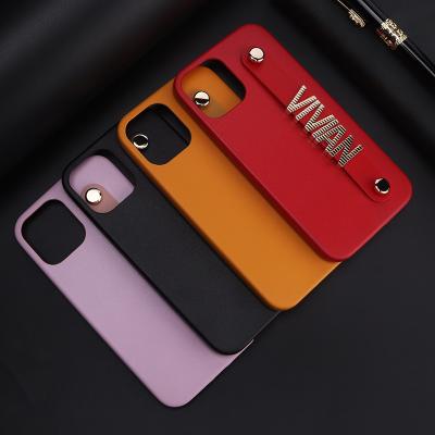 China Phone Leather Case For iphone 12 Pro Metal Letter Max Designer Custom Smooth Leather Phone Case Strap For iphone 13 pro mini max for sale