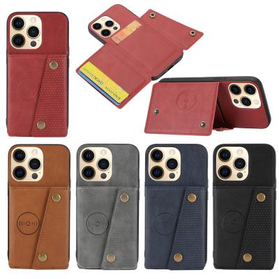 China Leather Phone Case For 13 Promax Multi-Function Double Card Holder Anti-Drop Buckle Bracket Wallet Holster Mobile Phone Case for sale