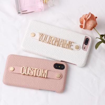 China Funda de cuero iphone Dropshippin letter personalized phone case metal letter with strap for iphone 13 pro 12 11 max pro X max XS XR 8 7Plus max 8Plus for sale