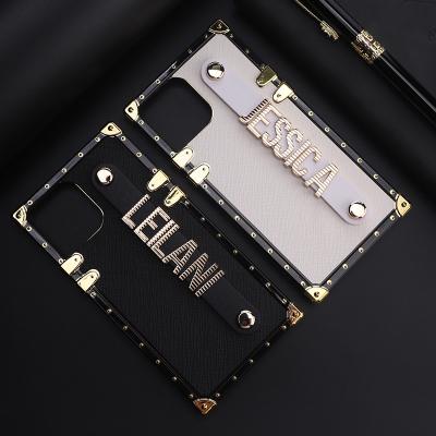 China Phone Leather Case For iPhone 12 Pro Metal Letter Leather Phone Case Max Custom Designer Custom Strap For iPhone 13 Pro Mini Max for sale