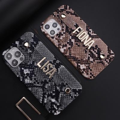 China Leather Phone Case For iphone 12 Pro Metal Strap Letter Designer Max Custom Snakeskin Pattern Custom Leather Phone Case For iphone 13 pro mini max for sale