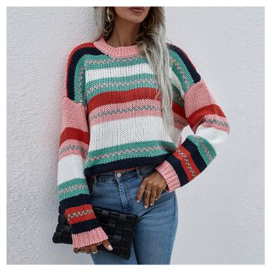 China Autumn Winter Pullover Large Size Round Neck Breathable Women Long Knit Loose Rainbow Color Patchwork Pullover Sweater for sale