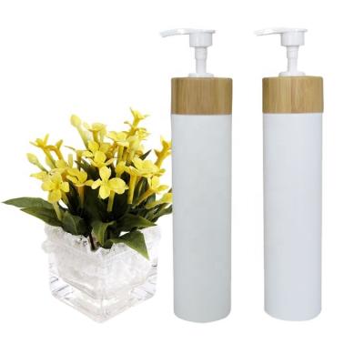 China Personal Care 250ml White Color HDPE Bottles Bamboo Pumps For Plastic Bottle For Selective Shampoo Or Lotion Package for sale