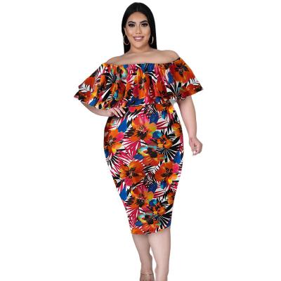 China Breathable Women Clothing Factory Price Casual Slimmer Size Dresses Floral Layered Ruffle Off Shoulder Womens Dress for sale