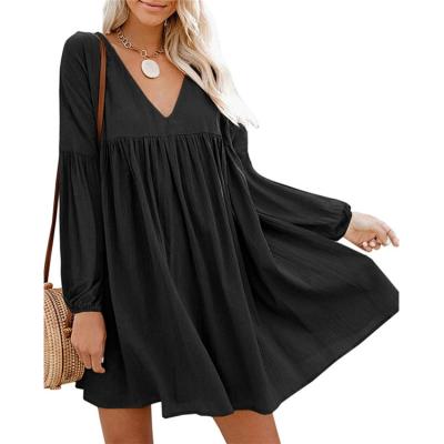 China China Manufacturer Autumn Breathable V Neck Loose Women Fashionable Simple Elegant Casual Dresses for sale