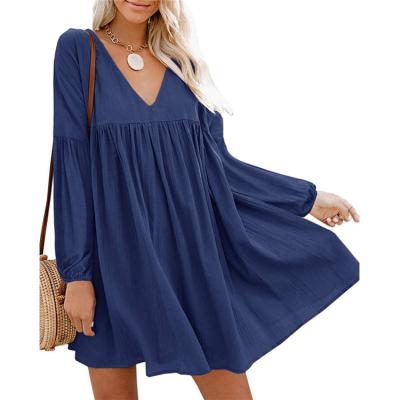 China Supplier Breathable Reliable Summer Elegant Casual Solid Color Long Loose Sleeve A Line V-neck Dress for sale