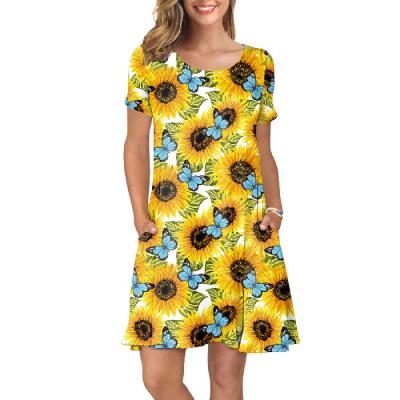 China Anti-Wrinkle Midi Length Summer Floral Dresses Women Casual Printed T-shirt Dress From China Supplier for sale