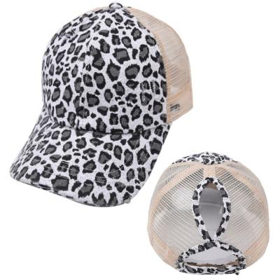 China Outdoor Ladies Mesh Cap Curved Brim Fashion Sunshade Cap Silvia Manufacturer New Leopard Print Hole Ponytail Casual Baseball Cap for sale