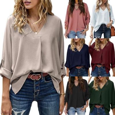 China Silvia Women's Breathable V-Neck Chiffon 3/4 Sleeve Blouse Tops Shirts Tunics Slim Ladies for sale