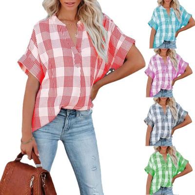 China Anti-pilling 2022 Spring and Summer Silvia Women's Short Sleeve Plaid Shirt Blouse Collared Tunic Tops for sale