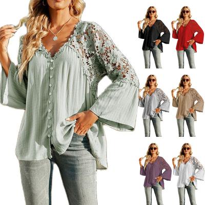 China Silvia Women Trendy Casual Blouses Breathable Loose Button Down Pullover Lace Hollow-out Long Sleeve Embroidery Floral Shirts for sale