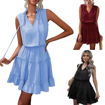 China Silvia Women's Pleated Dress Casual Sleeveless V-Neckline T-shirt A-line Mini Breathable Tunic Ruffle Sundress Shorts for sale