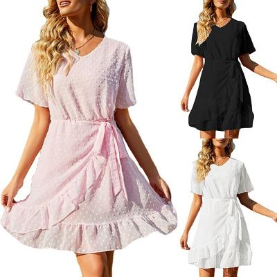 China Women's Breathable Tunic Casual V-Neckline Dot Pleated Swiss Ruffle Sundress Mini Dress for sale