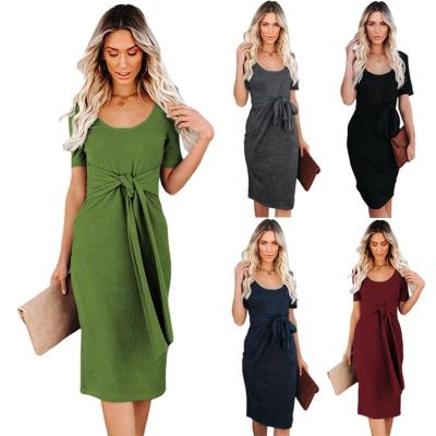 China Silvia Women Breathable Crew Neck Short Sleeve Ruched Bodycon T-shirt Dress Tie Waist Plain Sun Beach Summer Short Dresses for sale