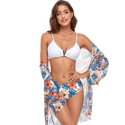 China 2022 Breathable New High Waist Beach Cover Ups Mesh Print Sexy Split Bikinis 3 Pieces Set Swimsuit Women's Swimwear and Beachwear for sale