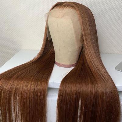 China Silky Straight Wave 4# Brown 30 Inch Indian Virgin Hair Wigs, Brazilian Peruvian Silky Straight 13X4 Cuticle Aligned Lace Closure Wig for sale