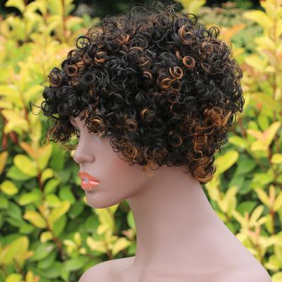 China Afro Wave Short Ombre Brown Color Afro Curls Deep Curly Machine Made Human Hair Wig Raw Indian Pixie Cut Human Hair Wigs With Bang for sale