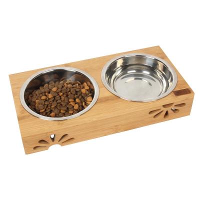 China Sustainable Factory Wholesale Stainless Steel Cat Dog Pet Bowls Double And Drivers Luxury Pet Bowls With Raised Bamboo Stand for sale