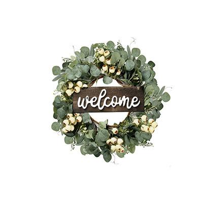 China Wholesale Party Wedding Decorations Welcome Sign Spring Summer Home Wreath With White Berries Green Eucalyptus Artificial Wreath for sale